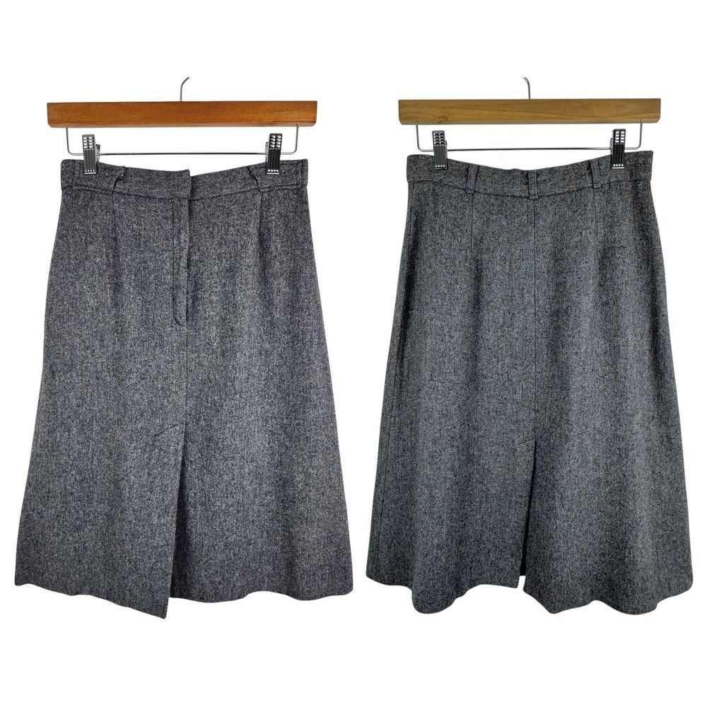 VTG College Town Tweed Skirt S GrayFront & Back Slit A-Line Wool Wool Union Made